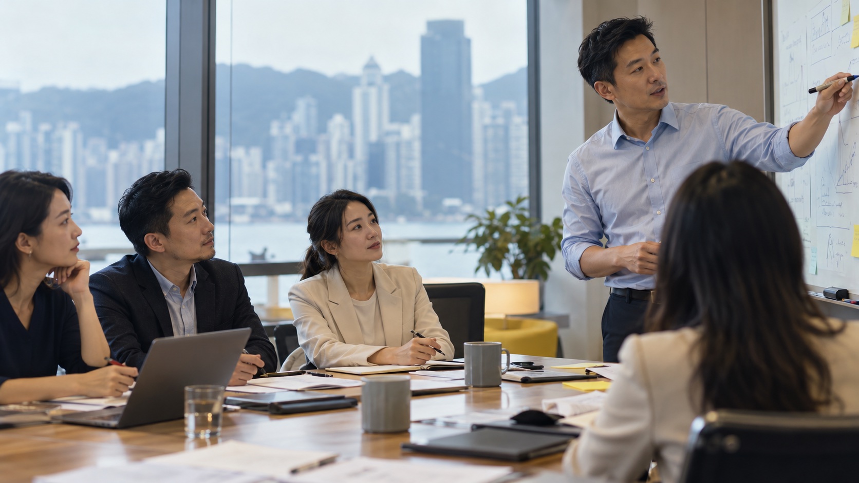 An Asian leadership group listens as a colleague presents a plan at a whiteboard